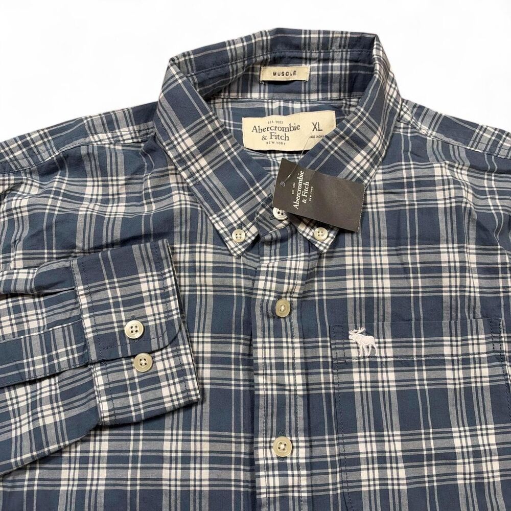Abercrombie & Fitch Blue & White Plaid Button-up Shirt Men's XL Muscle Fit NWT
